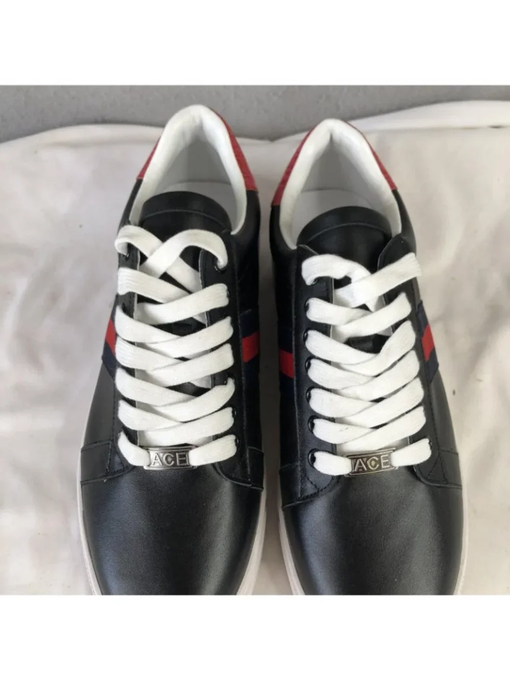 Gucci Ace Shoes Mens Size 12.5 Black Leather Web Stripe Casual Sneakers Italy